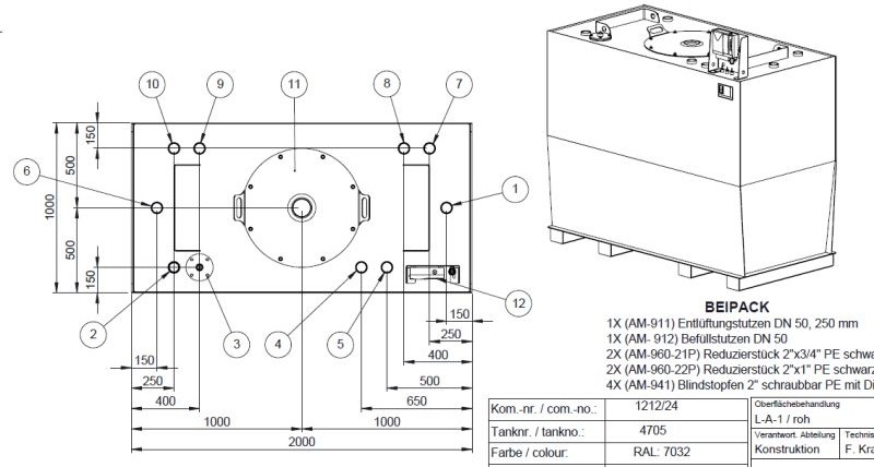 Technical drawing of an industrial storage tank, including front and isometric views with precise dimensions and labeled components