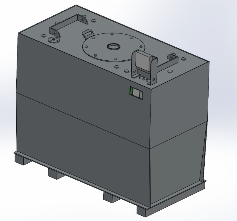 3D CAD model of an industrial storage tank designed in SolidWorks, showcasing structural details and mounting components in a dark finish