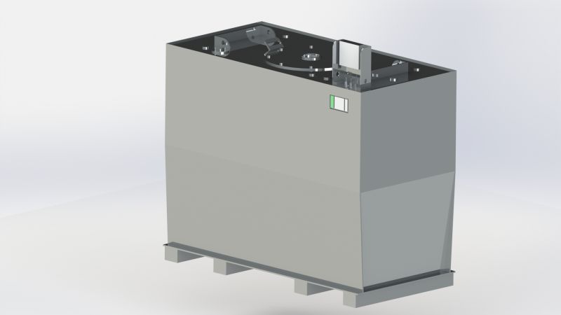 Rendered 3D model of an industrial storage tank in SolidWorks, displaying material textures, inlet and outlet connections, and mounting features