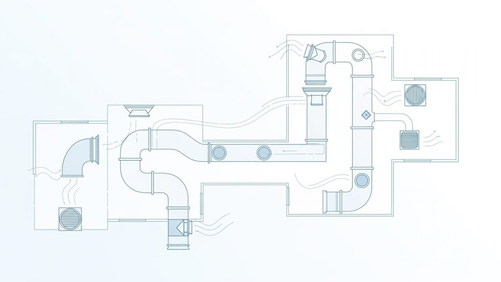 HVAC air duct system schematic showing airflow paths, fittings, and ventilation components