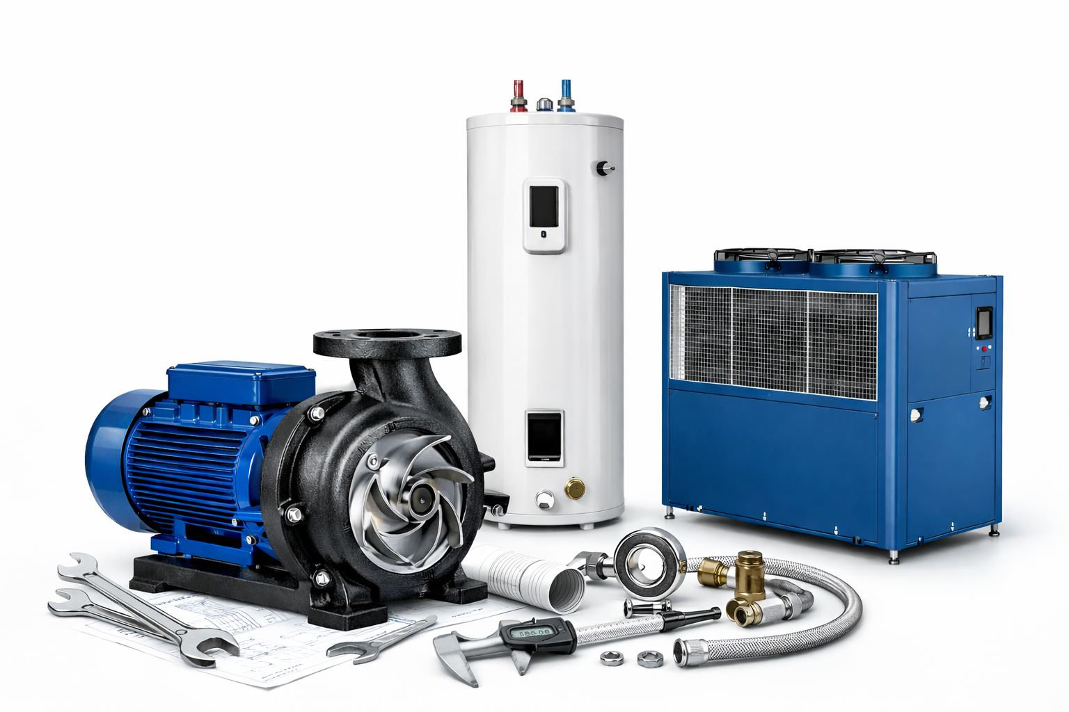 Centrifugal pump with visible impeller, electric motor, hot water storage tank, and packaged HVAC chiller/heat pump unit with pipes, valves, and tools on a white background, representing a mechanical engineering hydronic system.