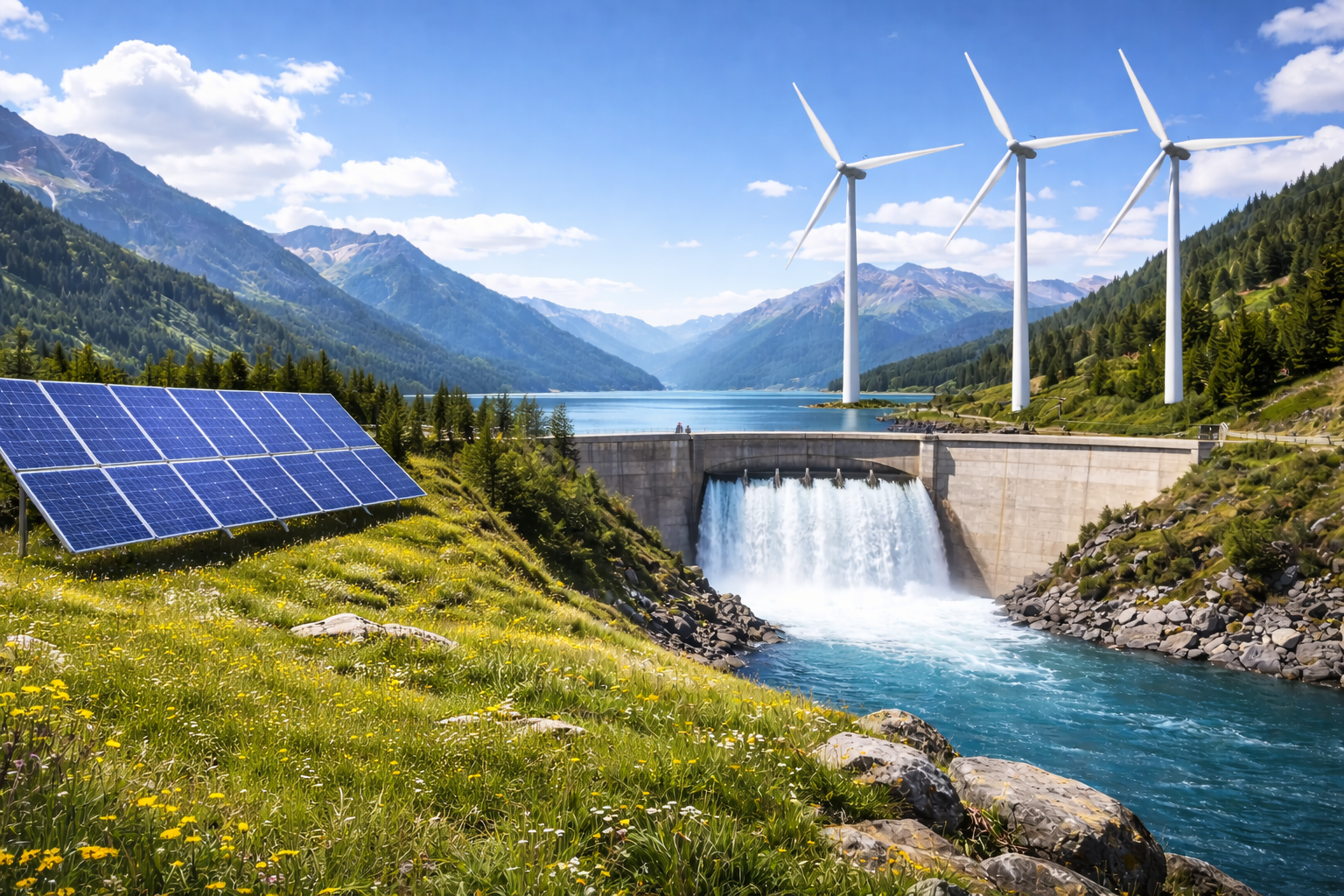 Renewable energy landscape featuring solar panels, wind turbines, and a hydropower dam in a mountain valley with a river and reservoir, illustrating an integrated renewable energy system.
